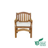 wooden oval teak garden armchair with a white cushion on a white background, featuring the Green Leaf Legal Teak Wood logo.