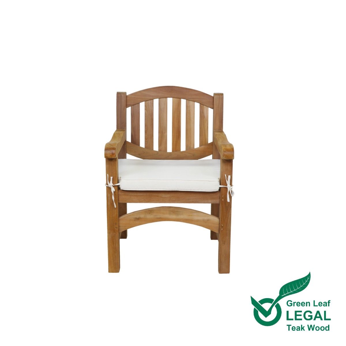 wooden oval teak garden armchair with a white cushion on a white background, featuring the Green Leaf Legal Teak Wood logo.