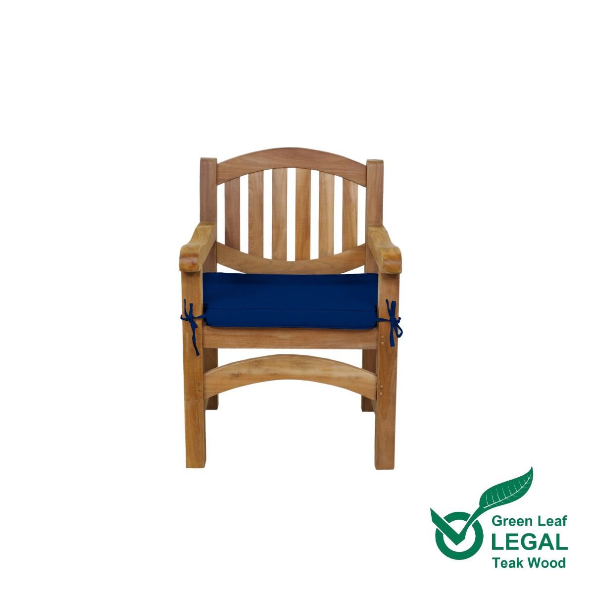 wooden oval teak garden armchair with a blue cushion on a white background, featuring the Green Leaf Legal Teak Wood logo.
