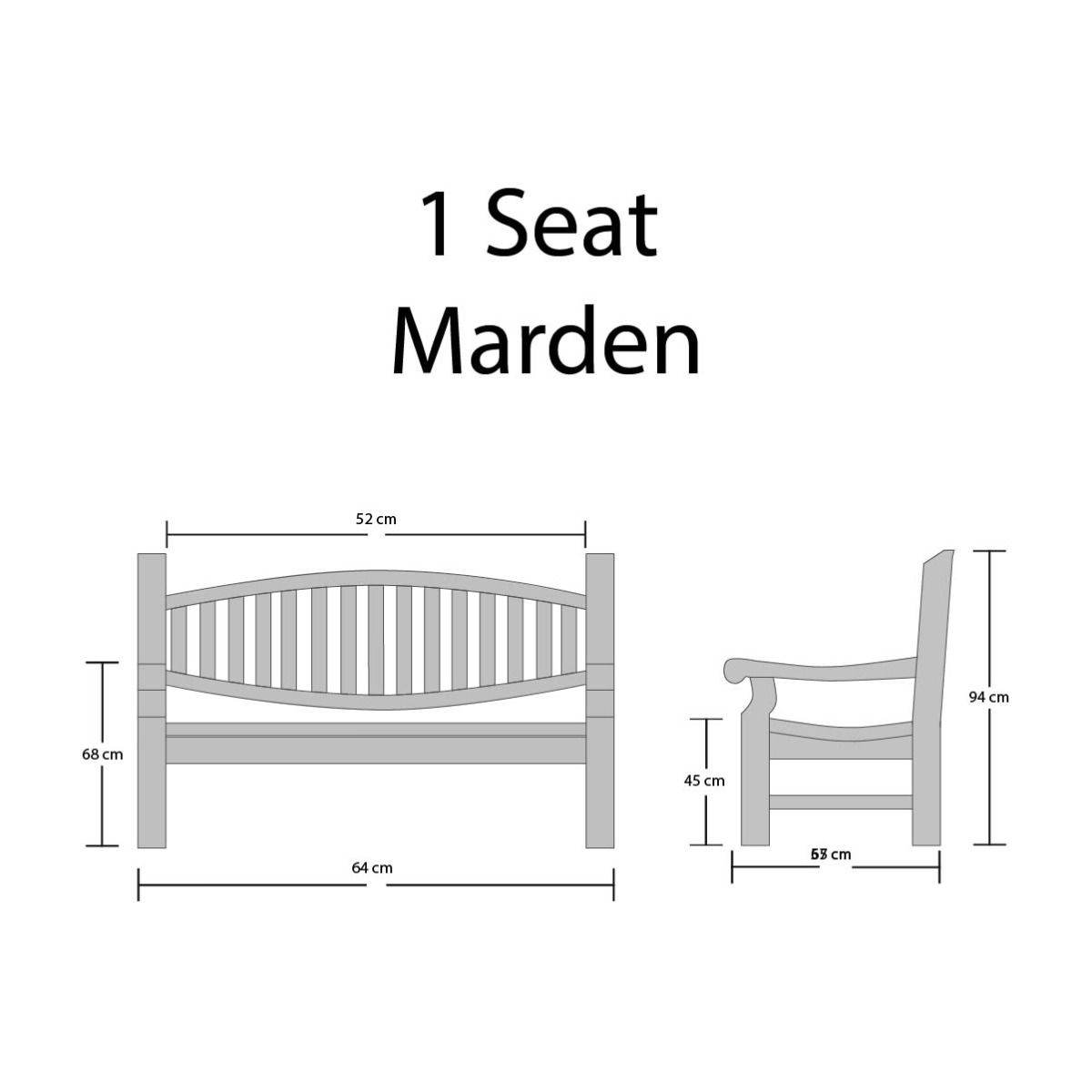 Dimensions of a '1 Seat Marden' bench and chair on a white background
