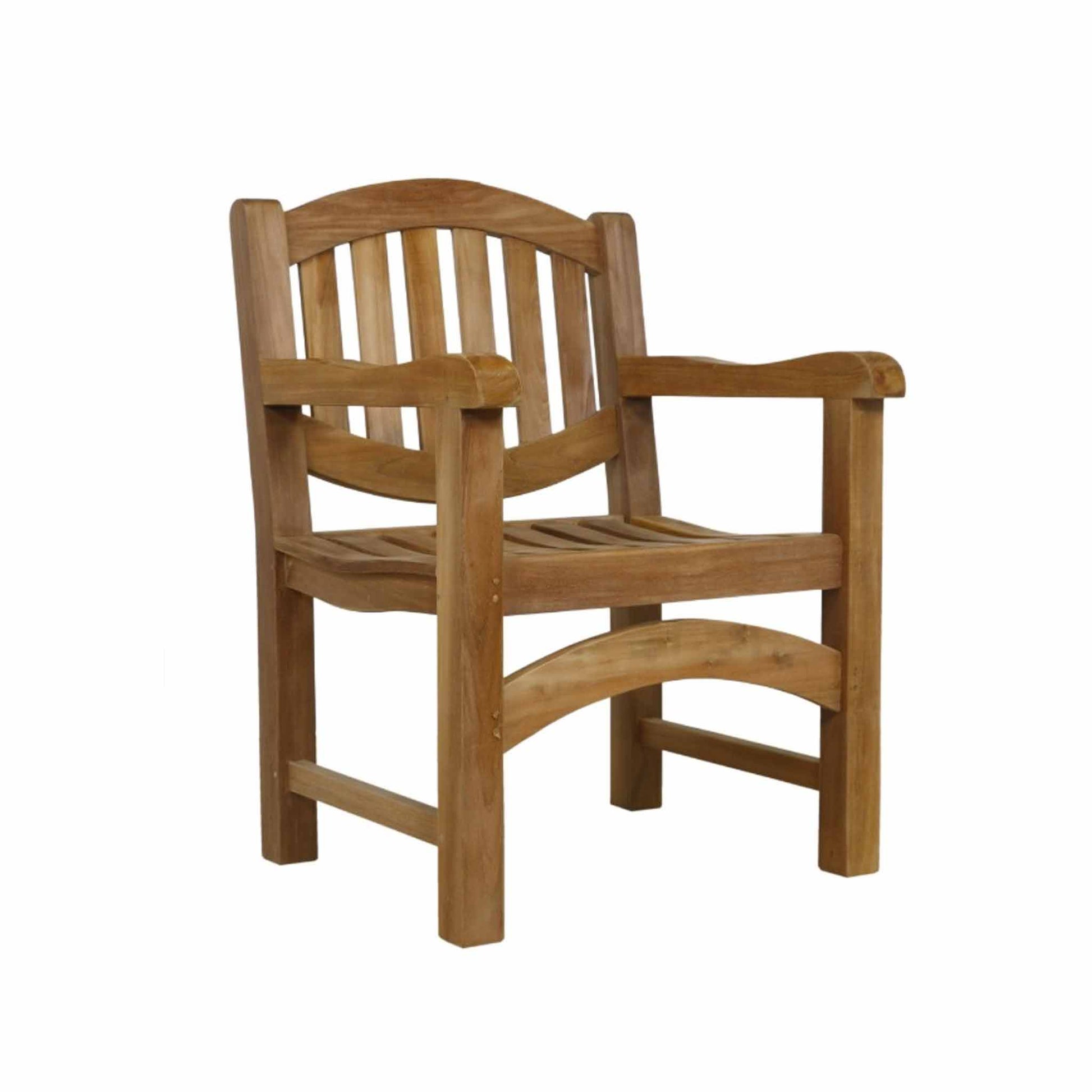 wooden oval teak garden armchair with armrests on a white background