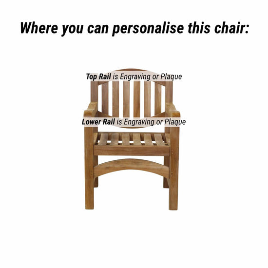 Wooden chair with text indicating engraving or plaque locations on a white background