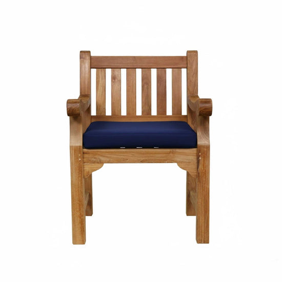 Teak Garden Armchair with a navy cushion on a white background