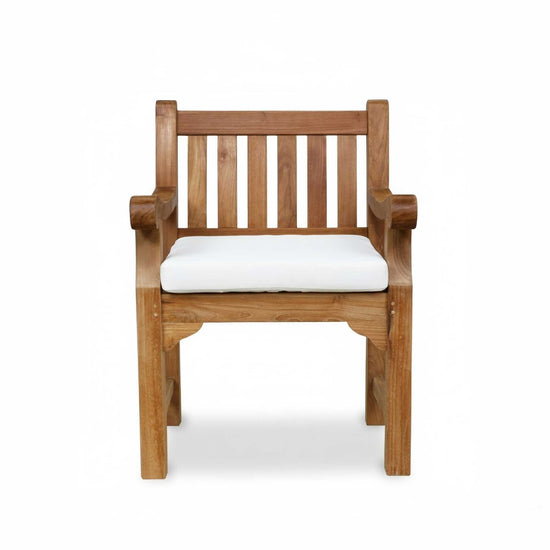 Teak Garden Armchair with a white cushion on a white background
