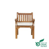 Teak Garden Armchair with a white cushion on a white background, featuring the Green Leaf Legal Teak Wood logo.