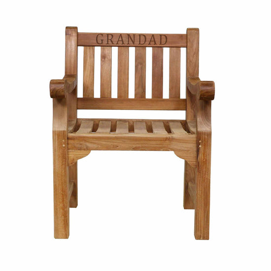 Teak Garden Armchair with 'GRANDAD' engraved on the backrest against a white background