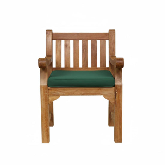 Teak Garden Armchair with a green cushion on a white background
