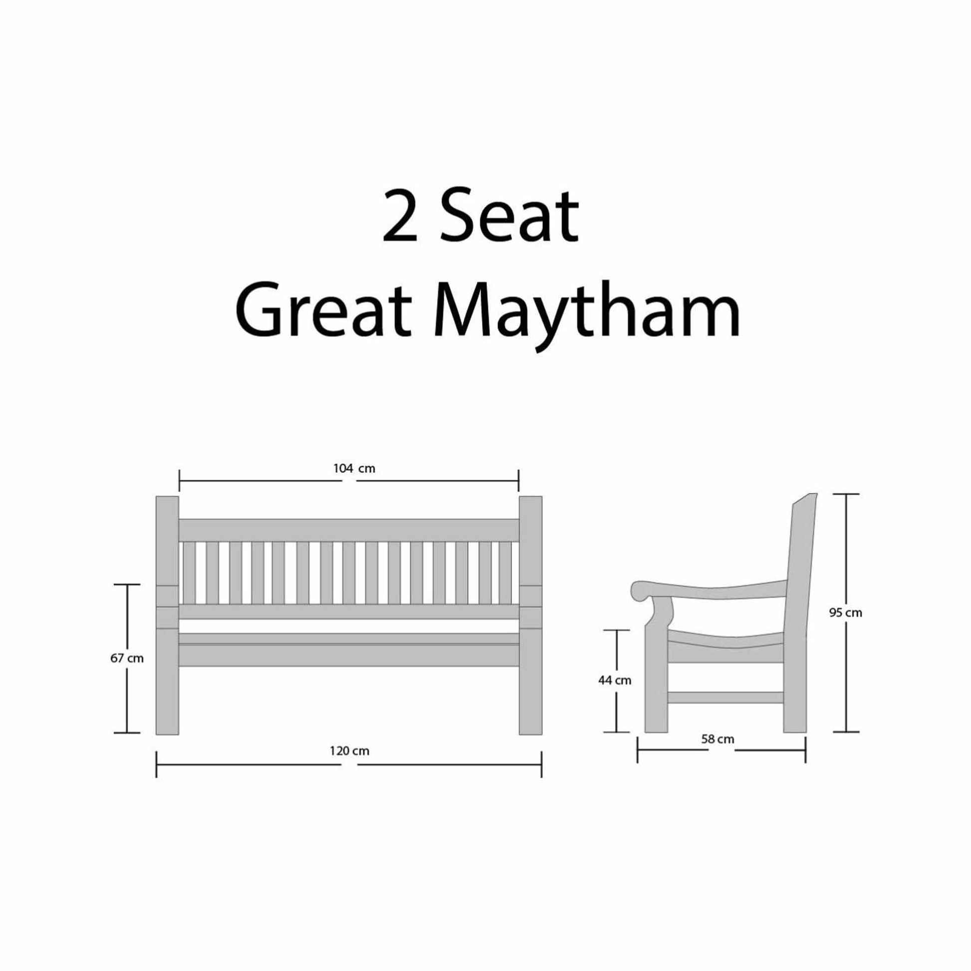 Dimensions of a 2-seat Great Maytham bench on a white background