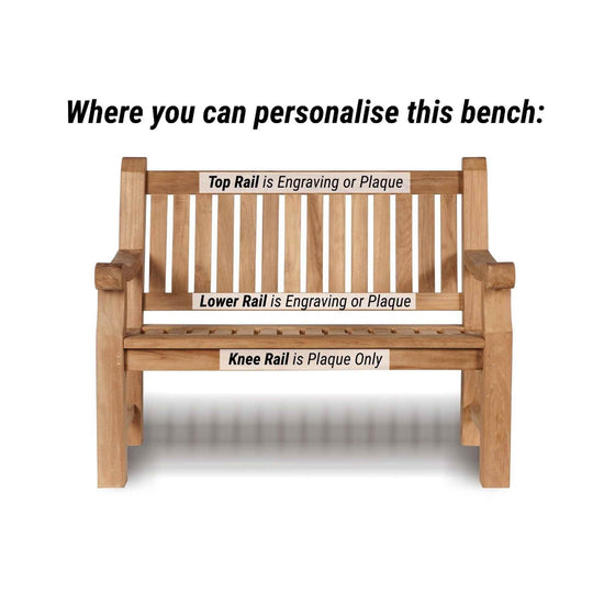 Wooden bench with text indicating where to personalise it on a white background