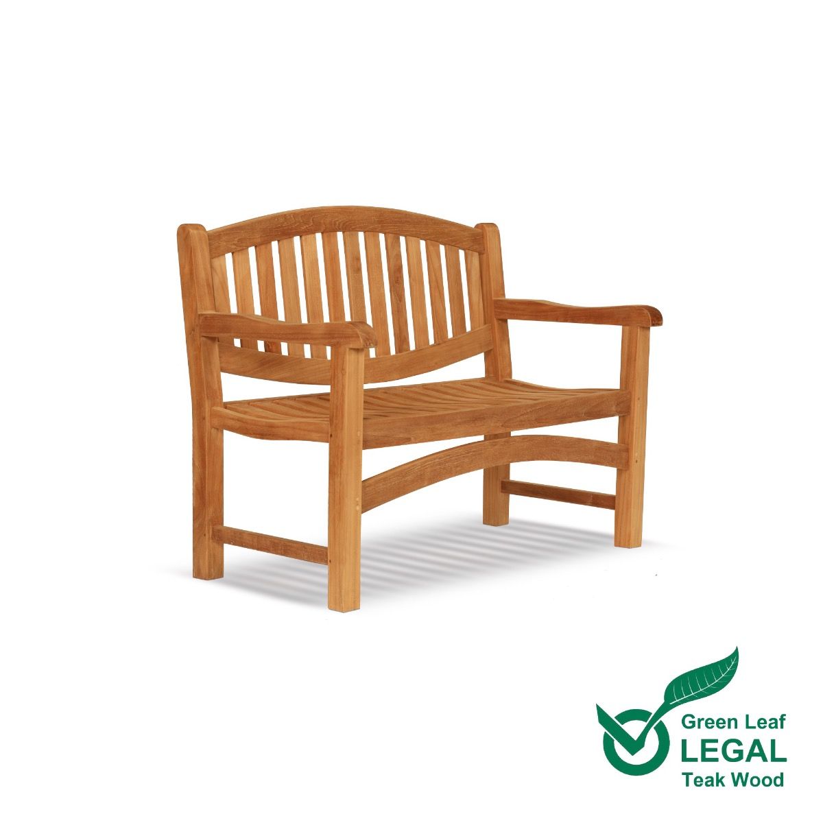 Wooden oval 2 seat garden bench with 'Green Leaf Legal Teak Wood' logo on a white background