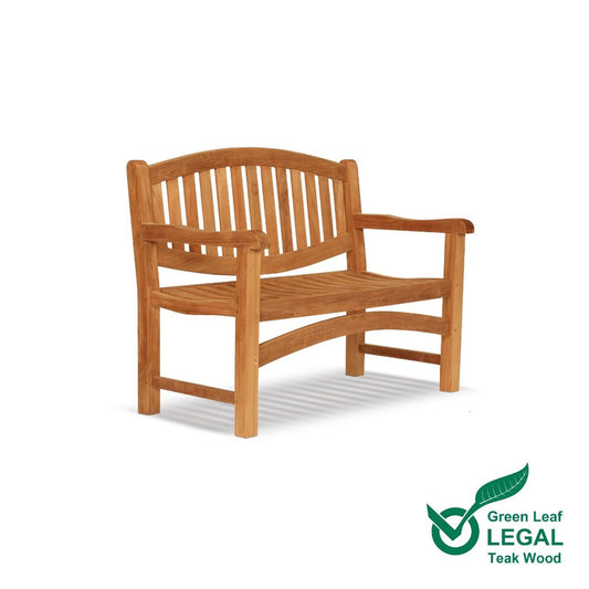 Wooden oval 2 seat garden bench with 'Green Leaf Legal Teak Wood' logo on a white background