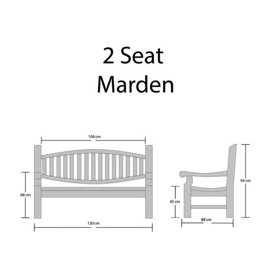 Dimensions of a 2-seat Marden Garden bench on a white background
