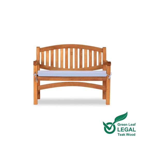 Wooden oval 2 seat garden bench with a white cushion on a white background, featuring the Green Leaf Legal Teak Wood logo.