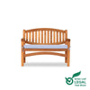 Wooden oval 2 seat garden bench with a white cushion on a white background, featuring the Green Leaf Legal Teak Wood logo.