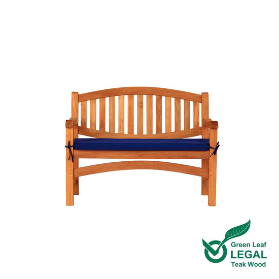 Wooden oval 2 seat garden bench with a blue cushion on a white background, featuring the Green Leaf Legal Teak Wood logo.