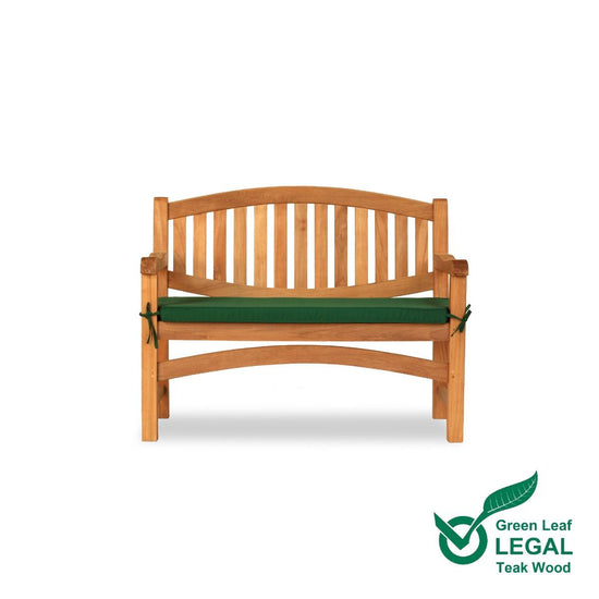 Wooden oval 2 seat garden bench with green cushion on a white background, featuring Green Leaf Legal logo.