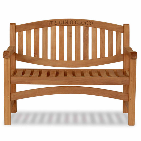 Wooden oval 2 seat garden bench with 'IT'S GIN O'CLOCK!' text on a white background