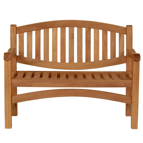 Wooden oval 2 seat garden bench with slatted backrest on a white background