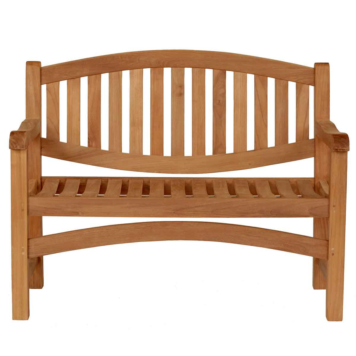 Wooden oval 2 seat garden bench with slatted backrest on a white background