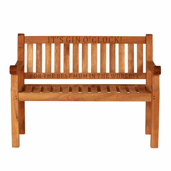 Teak Garden Bench 3 Seat with engraved text on a white background