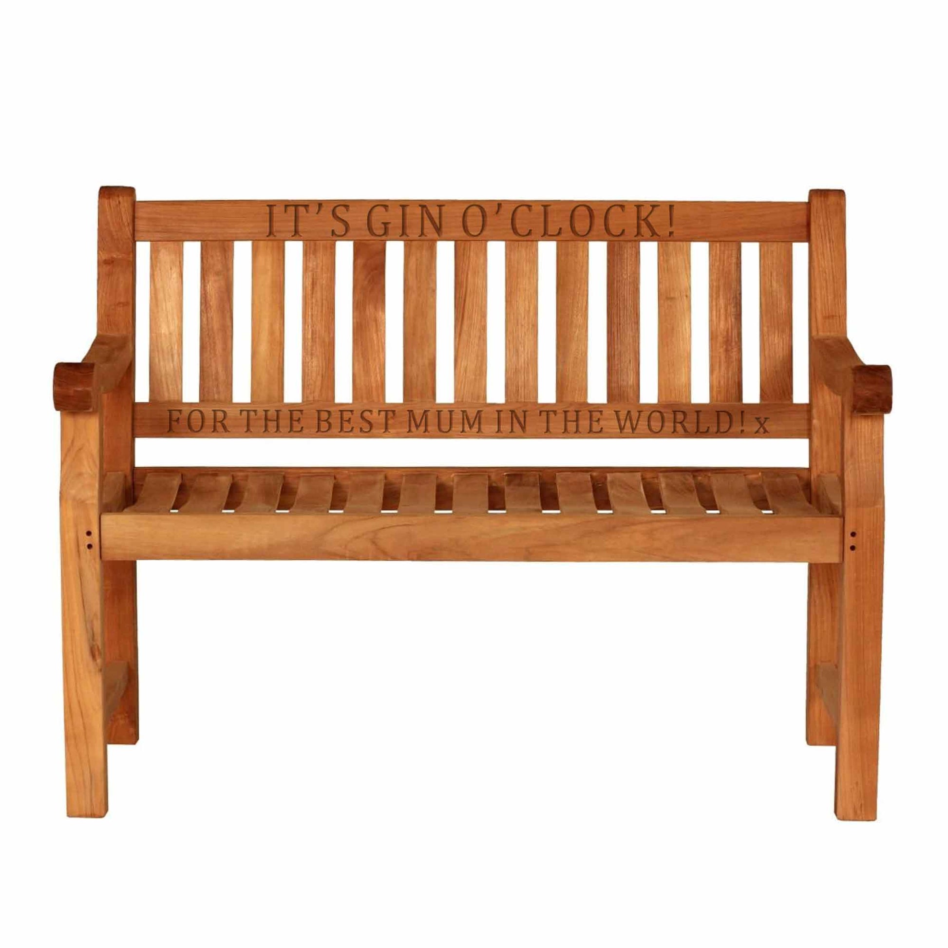 Teak Garden Bench 3 Seat with engraved text on a white background