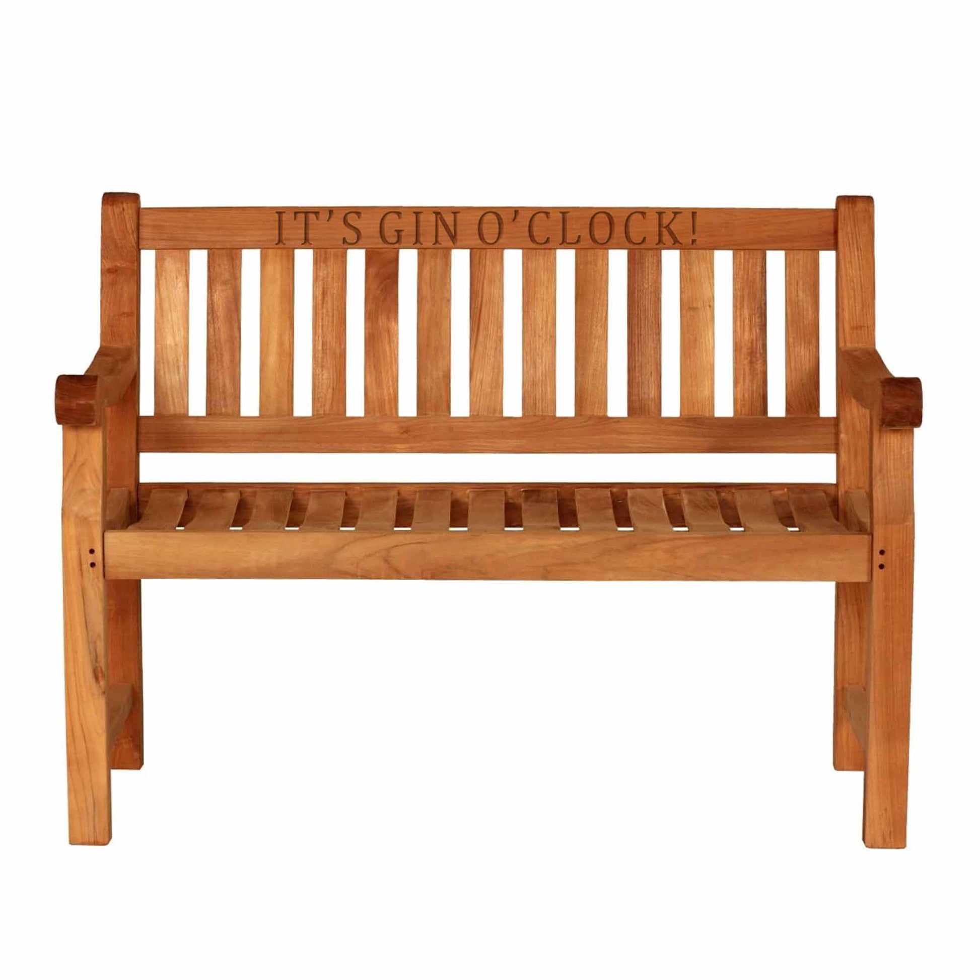 Teak Garden Bench 3 Seat with 'IT'S GIN O'CLOCK!' text on a white background