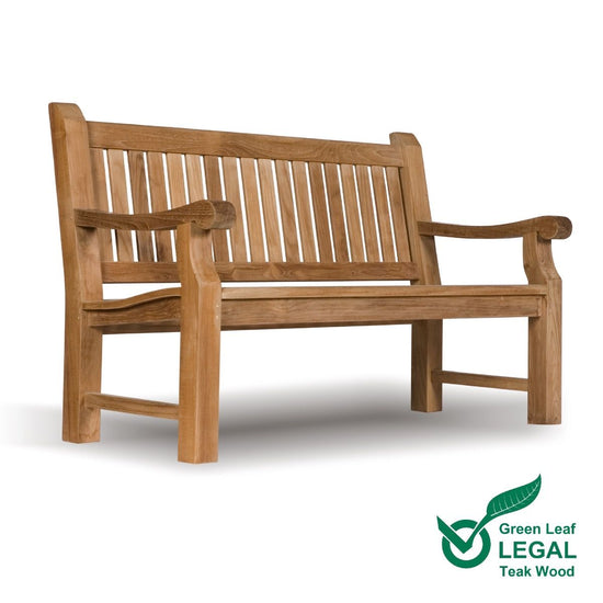 Heavy duty teak wooden bench with 'Green Leaf Legal Teak Wood' logo on a white background