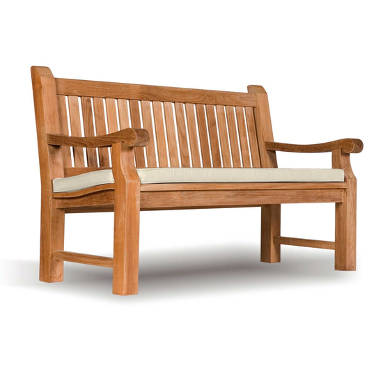 Heavy duty teak wooden bench with white cushion on a white background