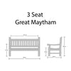 Dimensions of a 3-seat Great Maytham bench and chair on a white background