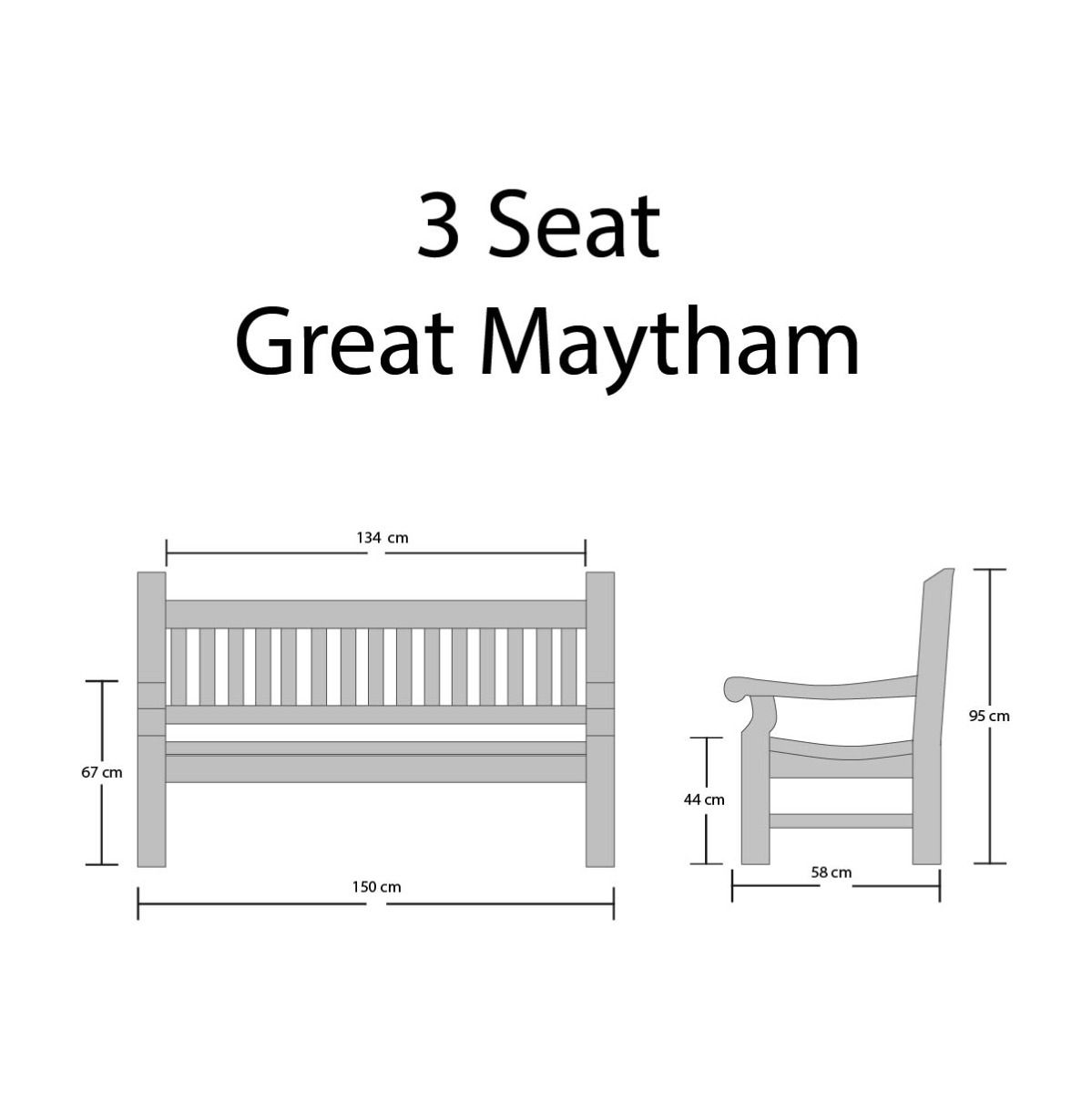 Dimensions of a 3-seat Great Maytham bench and chair on a white background