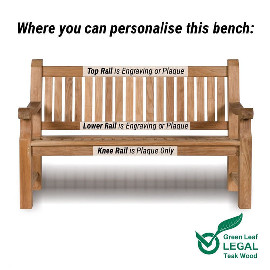 Heavy duty teak wooden bench with labelled areas for engraving or plaque on a white background, featuring Green Leaf Legal branding.
