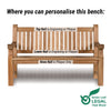 Heavy duty teak wooden bench with labelled areas for engraving or plaque on a white background, featuring Green Leaf Legal branding.