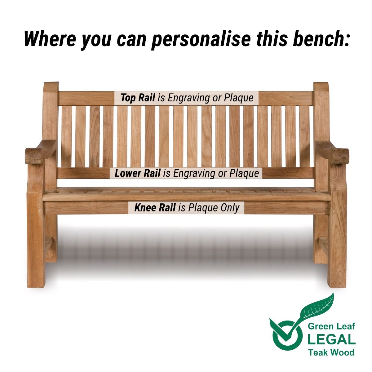 Heavy duty teak wooden bench with labelled areas for engraving or plaque on a white background, featuring Green Leaf Legal branding.