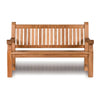 Heavy duty teak wooden bench with engraved text on a white background