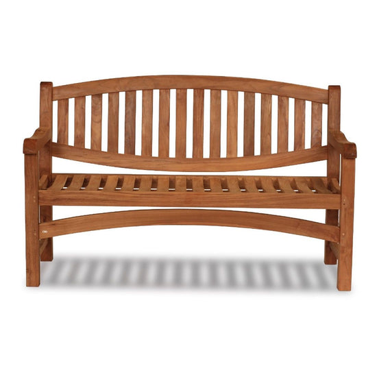 Wooden oval teak garden bench with slatted backrest on a white background