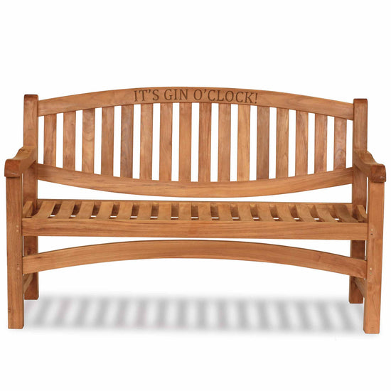 Wooden oval teak garden bench with 'It's Gin O'Clock!' text on a white background