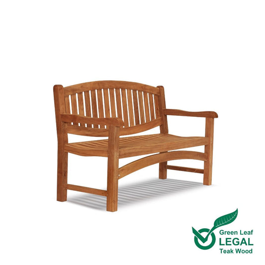 Wooden oval teak garden bench with 'Green Leaf Legal Teak Wood' logo on a white background
