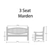 Diagram of a 3-seat Marden bench with dimensions on a white background