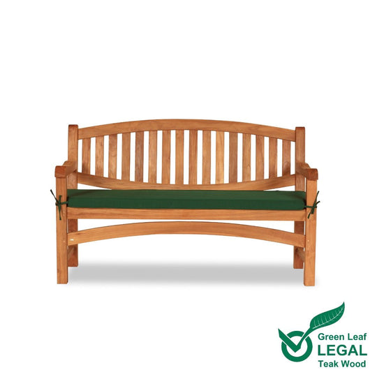 Wooden oval teak garden bench with green cushion on a white background, featuring Green Leaf Legal Teak Wood logo.