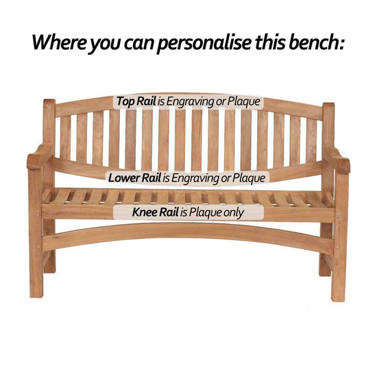 Garden bench with text indicating customizable locations on the bench.