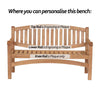 Wooden oval 2 seat garden bench with text indicating customizable locations on the bench.