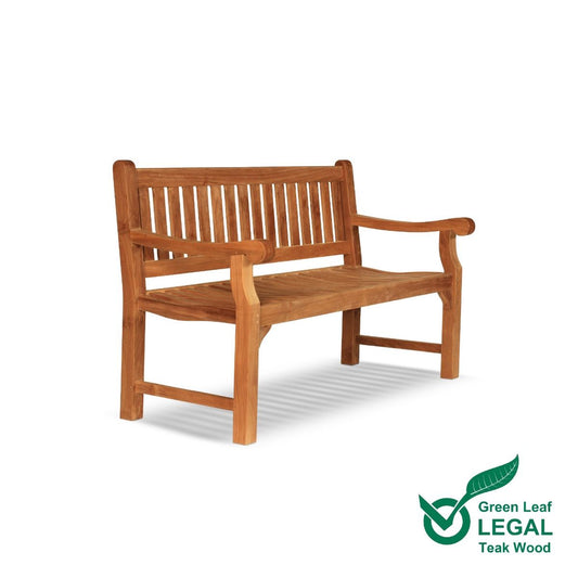 Teak Garden Bench 2 Seat with 'Green Leaf Legal Teak Wood' logo on a white background