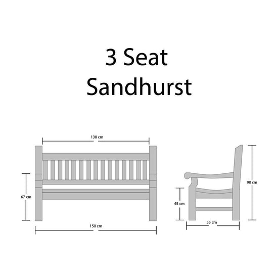 Dimensions of a 3-seat Sandhurst bench on a white background