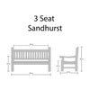 Dimensions of a 3-seat Sandhurst bench on a white background
