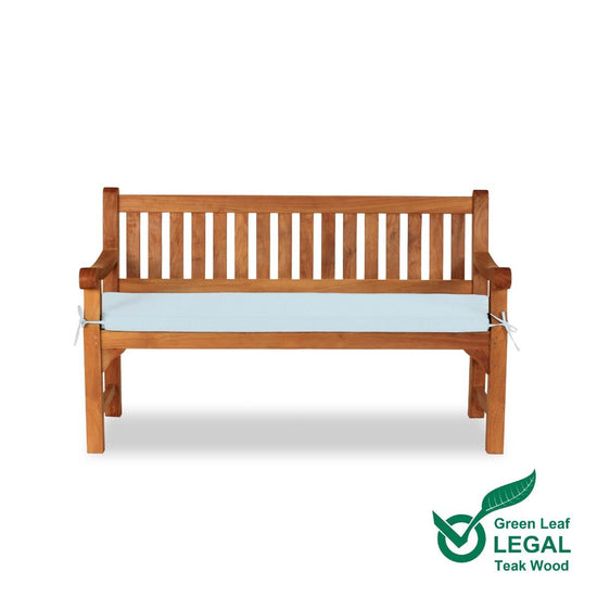Teak Garden Bench 2 Seat with a light blue cushion on a white background, featuring the Green Leaf Legal logo.