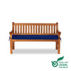 Teak Garden Bench 3 Seat with a blue cushion on a white background, featuring the Green Leaf Legal logo.