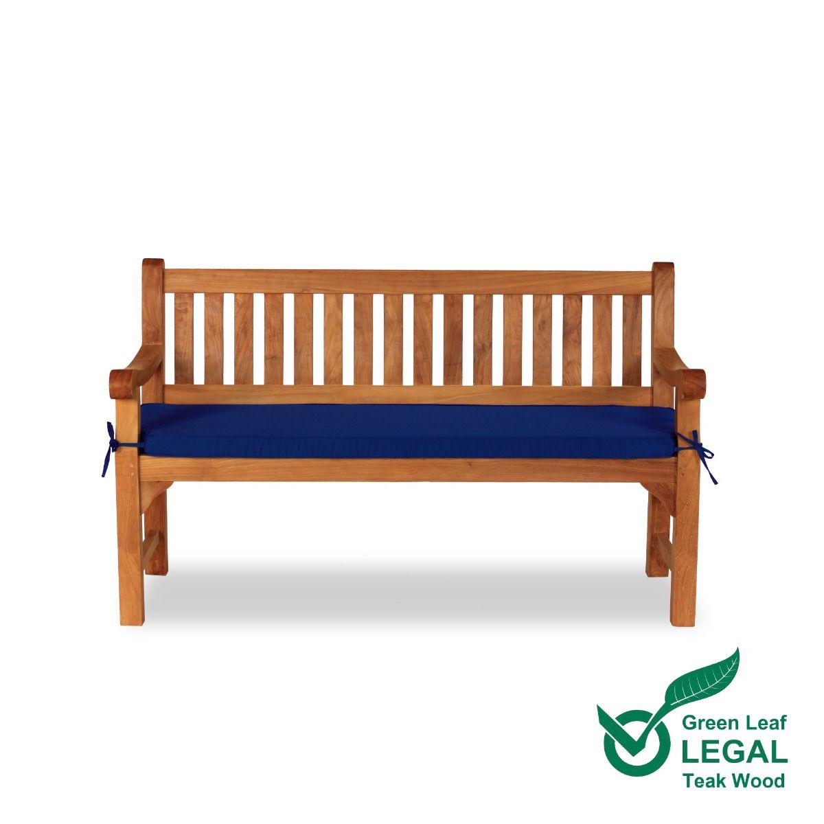 Teak Garden Bench 3 Seat with a blue cushion on a white background, featuring the Green Leaf Legal logo.