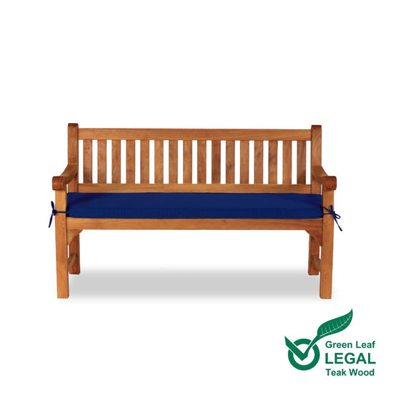 Teak Garden Bench 2 Seat with a blue cushion on a white background, featuring the Green Leaf Legal logo.