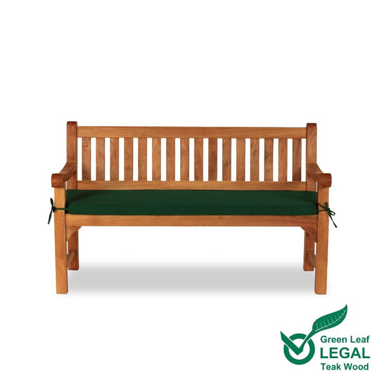 Teak Garden Bench 2 Seat with green cushion on a white background, featuring the Green Leaf Legal logo.