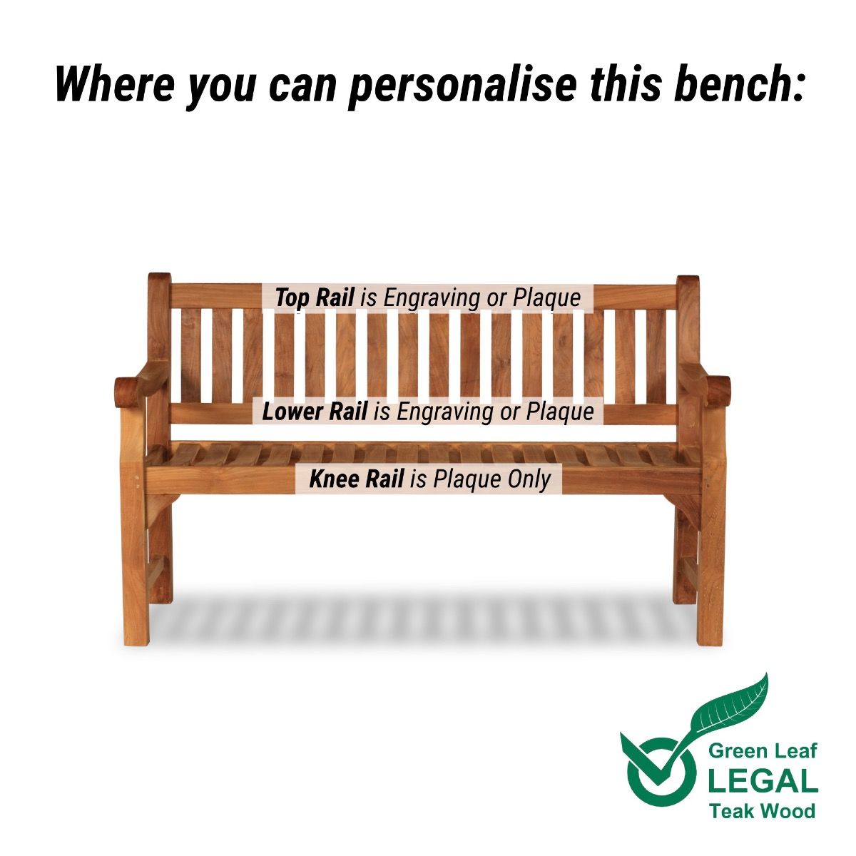 Wooden bench with text indicating where to personalize it, on a white background with Green Leaf Legal logo.